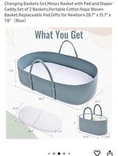 Moses Basket With Pad And Diaper Caddy. Cotton Woven Rope Basket Blue