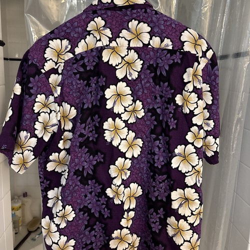 Camicia hawaiana viola Hilo Hattie XL tessuto corteccia bianco fiore di ibisco Lei Aloha - Foto 14 di 16