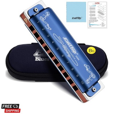 Portable Diatonic Blues Harmonica with Phosphor Bronze Reeds & Blue Case