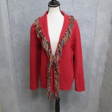 Ruby Rd. Sweater Womens Medium Red Wool Fringe Trim Open Front Cardigan Boho