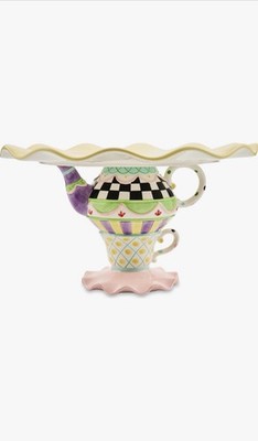 MacKenzie-Childs Ceramic Multicolor Cake Stand Floral Garden Glossy Art Pottery