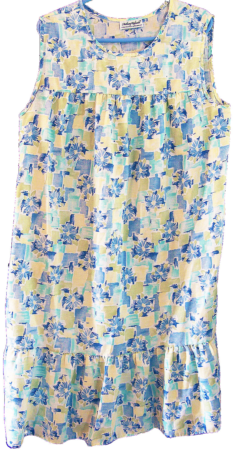 Womens Size Large Shift Dress Sleeveless Pullover Blue Lime Green Floral Cotton