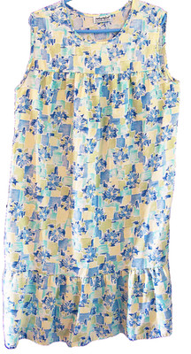 Womens Size Large Shift Dress Sleeveless Pullover Blue Lime Green Floral Cotton