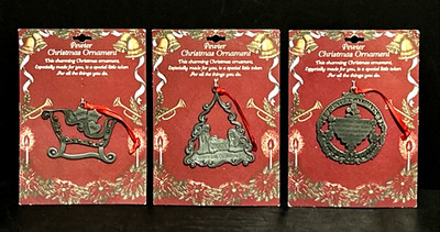 Vintage Camco Pewter Lot of 3 Ornaments - Christmas Sleigh, Tree & Ball