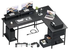 59 inch L Shaped Computer Desk with Power Outlets, Home Office 59 Inch Black