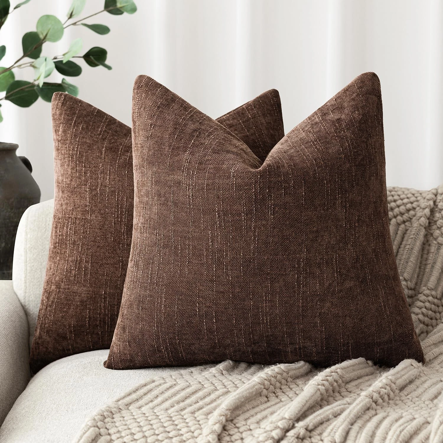Pack of 2 Soft Textured Chenille Throw Decorative Pillow Covers Accent Solid ...
