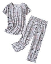 Womens Cotton Pajama Sets Short Sleeve Top With Capri Pants 2 piece sets for ...