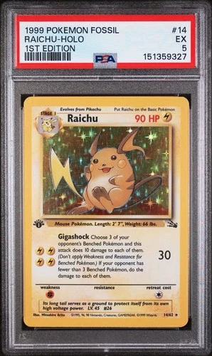 1999 POKEMON FOSSIL 1ST EDITION #14 RAICHU-HOLO PSA 5