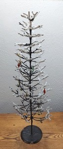Vtg metal 2' tabletop faux crystal chunk flocked Christmas tree w/mini ornaments