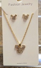 Mickey Mouse Jewelry Set Earrings 3 Piece Gold Tone Necklace Rhinestone Disney