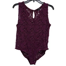 Ambiance Bodysuit Womens 1X Burgundy Lace Sleeveless Sheer Keyhole Back Floral