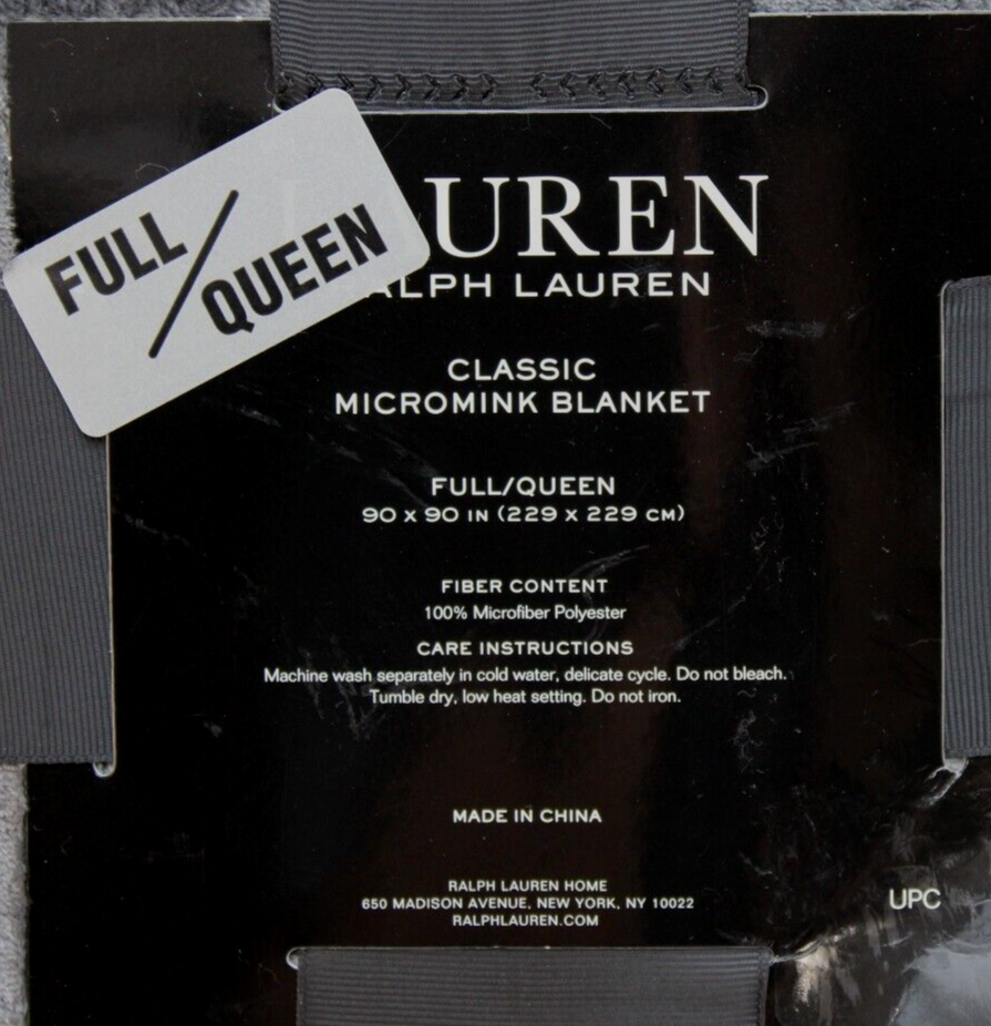 New RALPH LAUREN Micromink Dark Gray Embroidered LRL Logo Queen Size