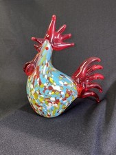 Art Blown Glass Rooster Chicken Murano style 8 in Red Blue White Yellow