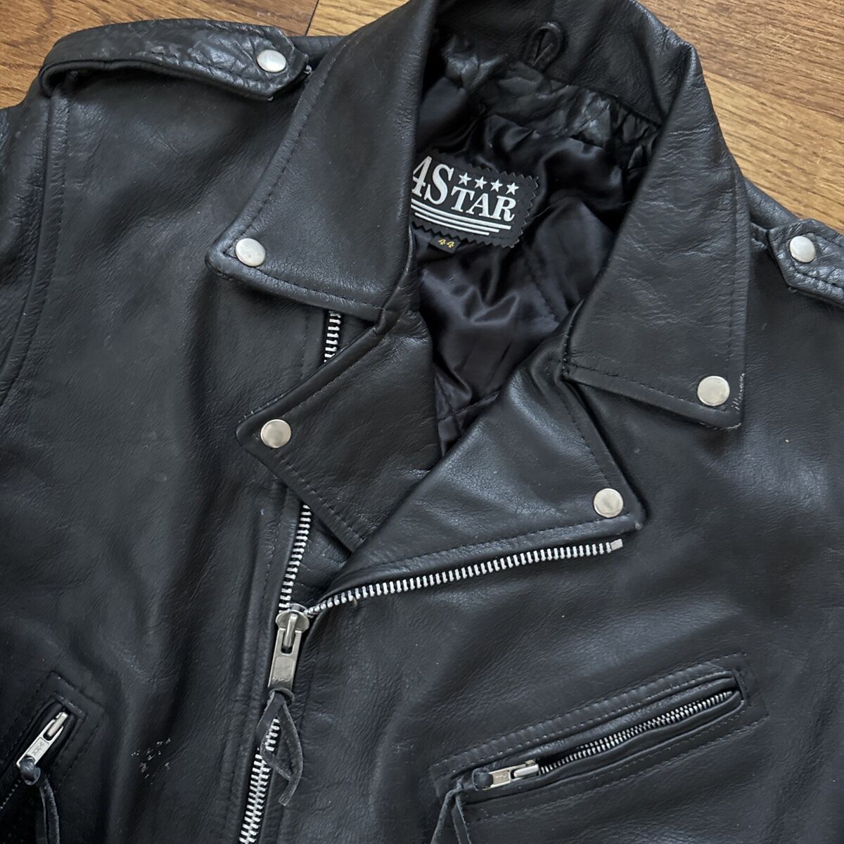 Vintage 4 Star Black Leather Belted Biker Jacket Motorcycle Vintage 4 Star Black Leather Belted Biker Jacket Motorcycle