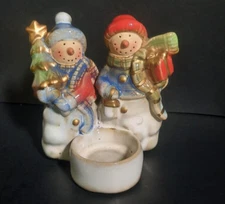 Porcelain Candle Holder Figurine, Snowman Couple, Votive/Tealight, Lumin-essence