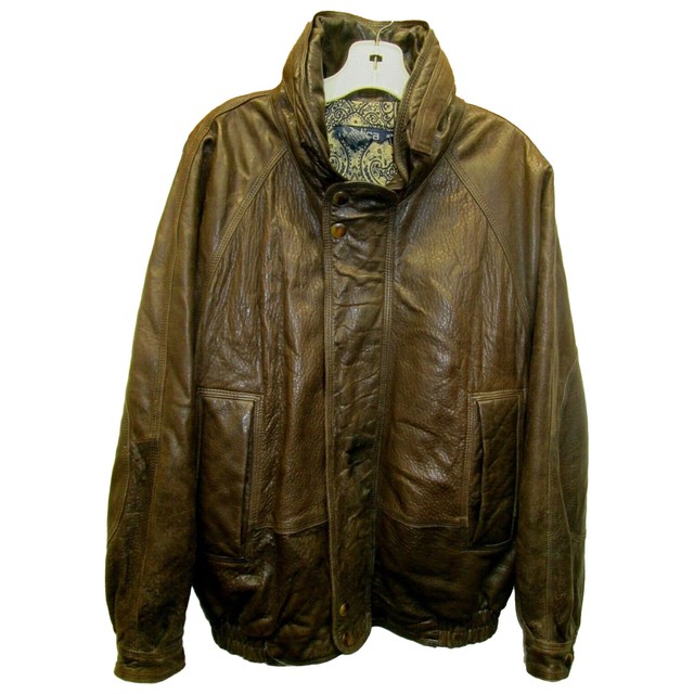Vtg Nautica Men's Brown Leather Bomber Jacket w/Hidden Hood Elbow