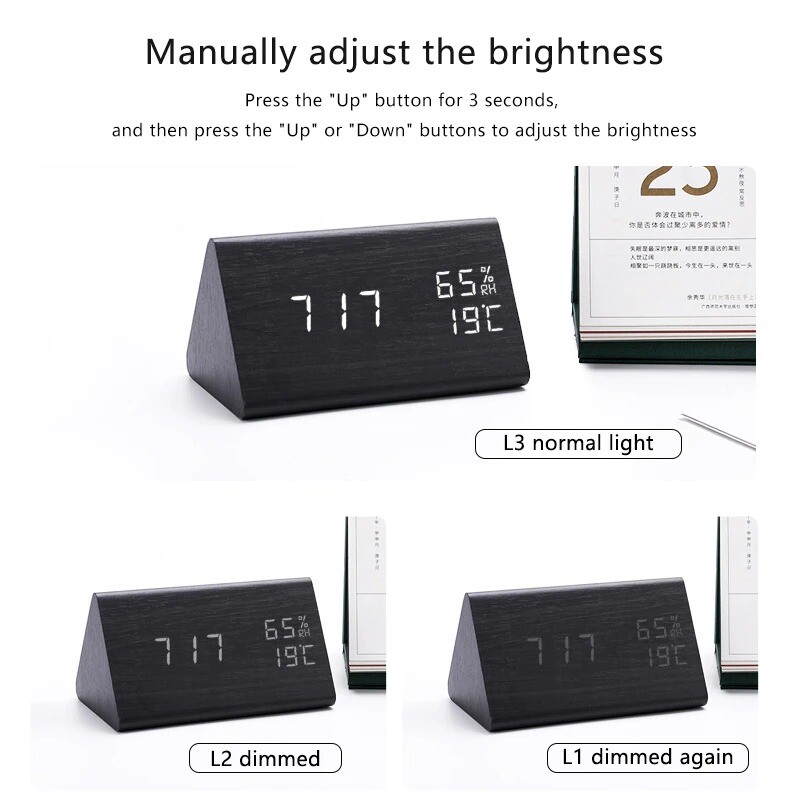 Digital LED Wooden Alarm Clock Table Sound Control Electronic Desktop ...