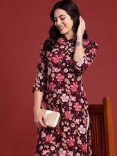 Indian Women High Quality Maroon Rayon Floral Printed Kurta Kurti New Top Tunic