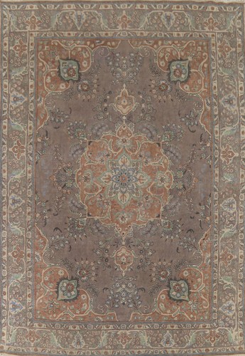 Over-Dyed Handmade Brown Tebriz Area Rug 10x13 Traditional Living Room Carpet
