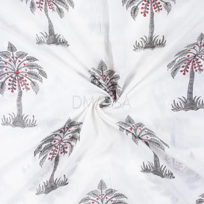 Grey Palm Tree Block Print Indian Textile Cotton Kids Dress Loose Mud Fabric - Image 1 of 4