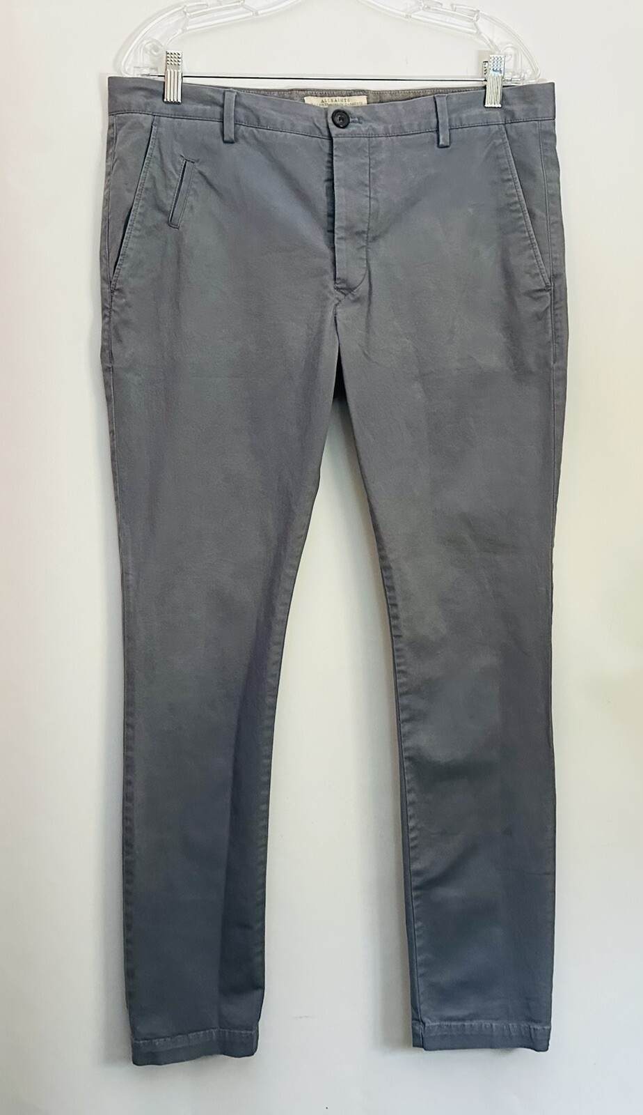 $159 AllSaints Pants Mens 33x31 Chino Button Fly Flat Front Stretch Cotton Gray