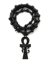 Egyptian Ankh Cross Pendant 8mm/30" Wooden Bead Chain Necklace RC3780BK