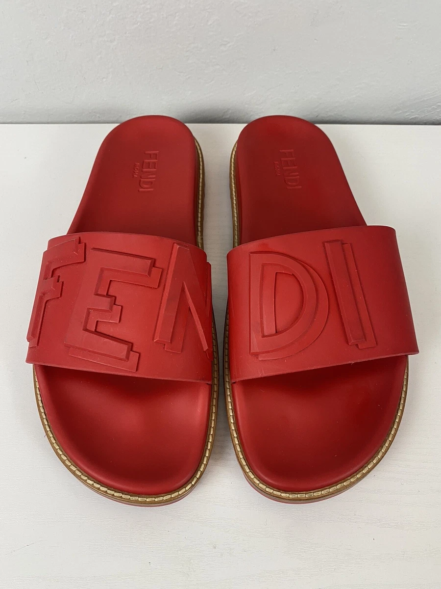 Fendi Red Rubber Pool Slide Sandals Size 10 Made in Italy VGUC