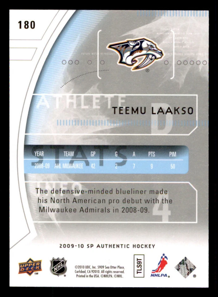 2009-10 SP Authentic #180 Teemu Laakso RC /999 (ref 239840) - Image 2 of 2