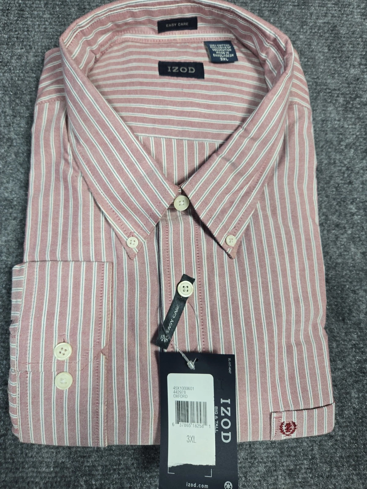 IZOD Men's 3XL Big & Tall Easy Care Striped Button-Down Shirt Pink White Cotton