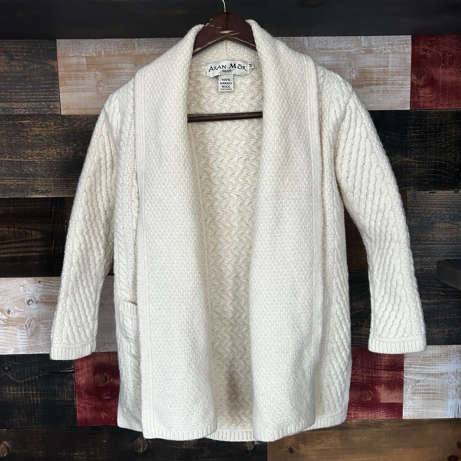 Aran Mor Ireland Cable Knit Ivory Cardigan Medium 100% Merino Wool Fisherman