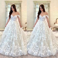 Wedding Dresses Off-the-Shoulder Floral Applique Sweep Train Lace Bridal Gowns