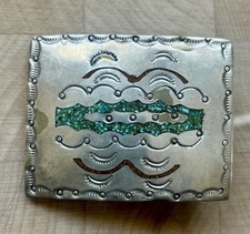Vintage Native American Signed J 2 Sterling Silver Turquoise C Inlay Belt Buckle