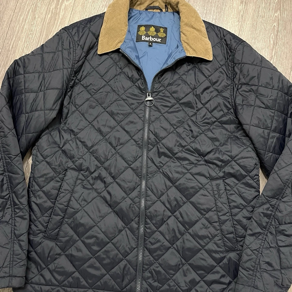 Barbour Helm Jacket Mens Extra Large Blue Brown Corduroy Collar Quilted Full Zip - Image 2 of 4
