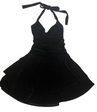 Black Velour Mini Dress Halter Ruched Medium Womens Vtg 90s Prom Party