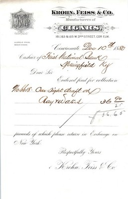 1880 Krohn Feiss & Co. Cigars Springfield Kentucky Collection Bill Letterhead