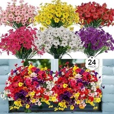 24 Pcs 6 Color UV Resistant Outdoor Artificial Faux Flowers Plants Realistic..