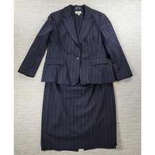 Vintage Talbots Pinstripe Suit Womens 14 Petite Black Gray Jacket Skirt Set USA