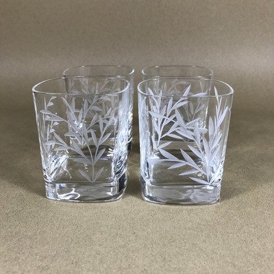 Vintage Gleneagles Quadrat Kristall Whisky Gläser 4er Set Geätztes Blatt Design