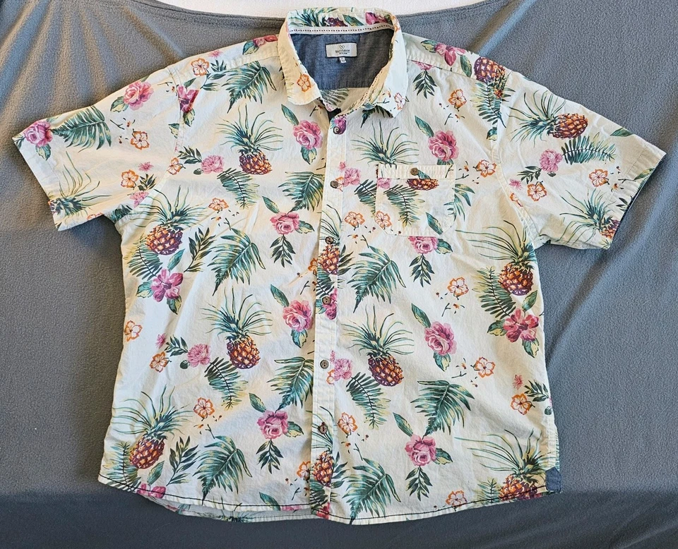 Camisa de campamento hawaiana Aloha estampado floral con piñas para hombre XXL Burnside Foto 3 de 4