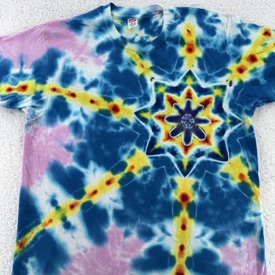 Vintage 90s Kaleidoscope Mandala Tie Dye T-Shirt Mens Medium Star Sunburst Hanes