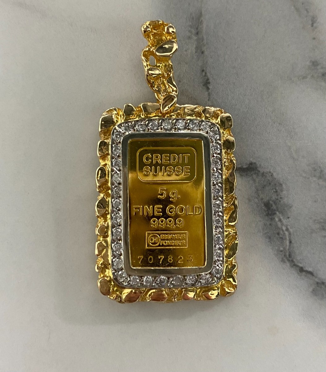 Grams in 24K Credit Suisse Gold Bar with 10 Grams in 14k Diamond Frame  Pendant