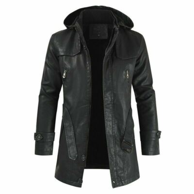 Men's Faux Leather Jacket Trench Coat Fleeces Lined Outwear Mid