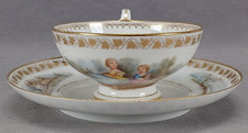 Sevres Hand Painted Watteau Scene  Gold Ivy Leaf Footed Tea Cup  Saucer C