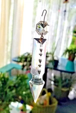 Antique 3" Gothic Olive Cut Notched Spear Crystal Prism, Total 4" Drop w/Octagon