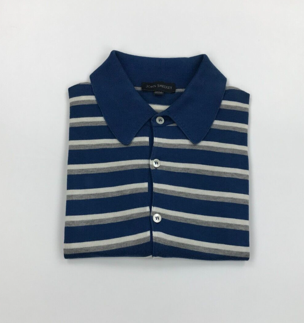 Men's Blue Striped John Smedley Polo Shirt Small S Cotton Fine Short Sleeve  B