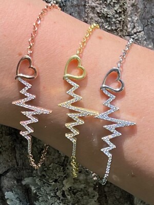 Real 925 Silver Rose Gold Plated Beating Heartbeat Pulse Heart Bracelet CZ