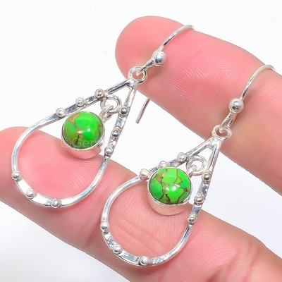 925 Sterling Silver Natural Copper Green Turquoise Channel Set Dangle Earrings