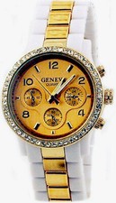 Lady Watch - Two-tone Metal Band w/ Rhinestone Accent - White/Gold m- WT-MN70...