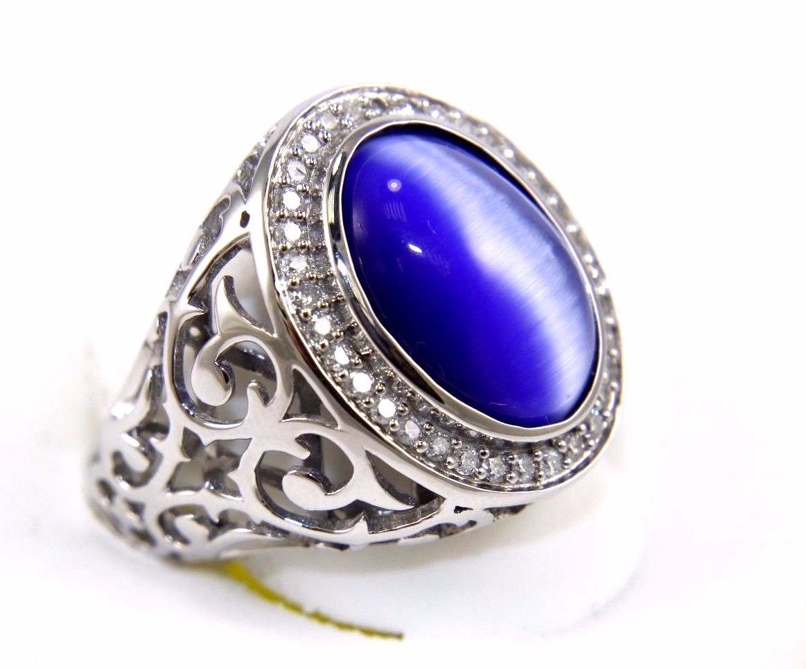Oval Blue Tiger Eye & Diamond Men's Solitaire Ring 14k White Gold