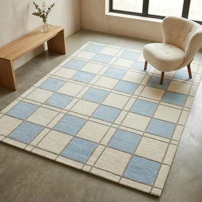 Hand Tufted Wool Rug: Geometric Grid Check, Ivory Blue Modern Living Rooms Decor